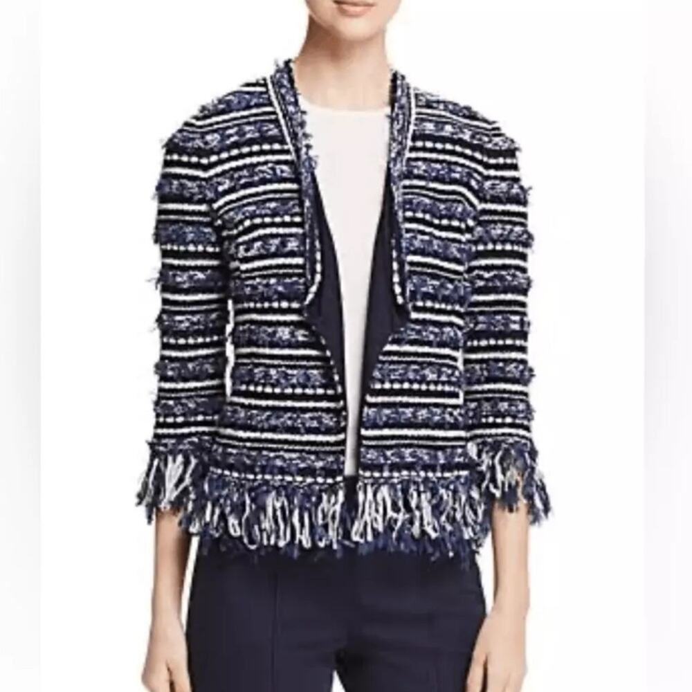St. John Collection Lofty Floats 3/4 Sleeve Knit Jacket Blue White Size XL